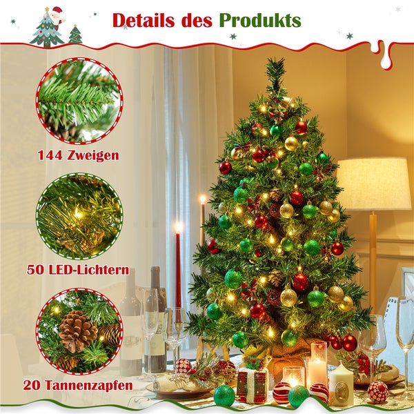 Dekorierter Weihnachtsbaum mit 144 Zweigen, 50 LED Lichtern und 20 Tannenzapfen auf einem Tisch