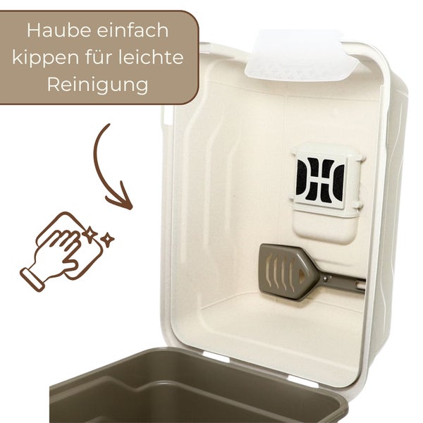 Katzentoilette mit aufklappbarer Haube zur einfachen Reinigung, integrierter Streuschaufel und Aktivkohlefilter.
