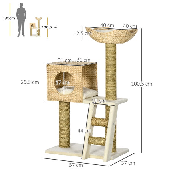 PawHut Kratzbaum 100,5 cm Katzenbaum mit Katzenhöhle, Bett, Treppe, Katzenkratzbaum mit Sisal-Kratzsäulen, Kissen, für Katzen bis 4,5 kg, Natur