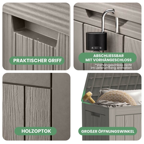Collage zeigt Funktionen der Gartenbox: praktischer Griff, abschließbar mit Vorhängeschloss, Holzoptik und großer Öffnungswinkel.