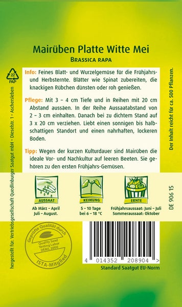 Rückseite der Samentüte für Mairüben Platte Witte Mei mit Informationen zu Aussaat, Keimung, Ernte und Pflege sowie Qualitätssiegel.