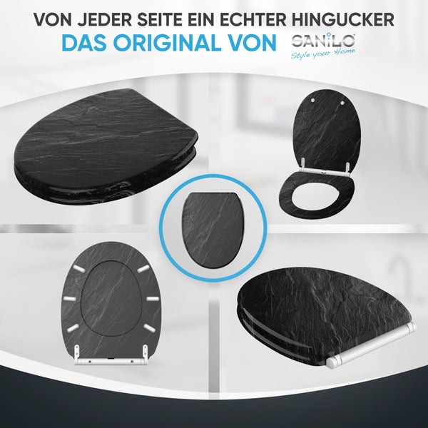Sanilo Toilettendeckel in Schieferoptik mit Absenkautomatik und Scharnieren aus Metall in verschiedenen Ansichten.