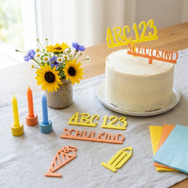 Deko-Set zur Einschulung mit Kuchen-Topper, Streudeko in Form von ABC, 123 und Schultüte sowie Kerzen und frischem Blumenstrauß auf einem Tisch.