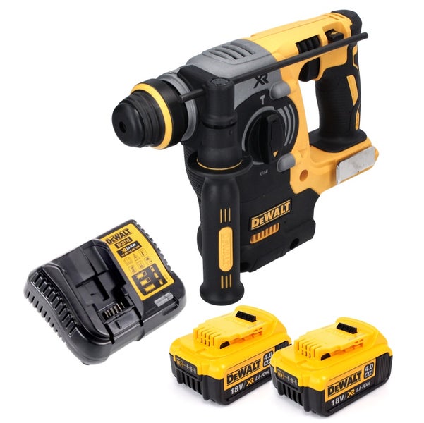 DeWalt Akku-Bohrhammer mit Zusatzhandgriff, zwei 18 Volt Akkus mit 4 Amperestunden und passendem Ladegerät.