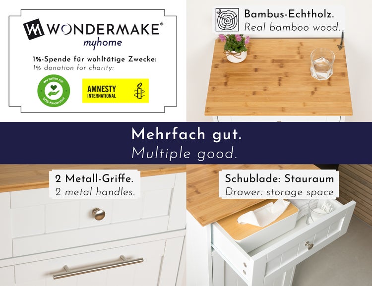 WONDERMAKE - Wäscheschrank hoch oder Mülleimer-Schrank aus Holz / Bambus, Wäschesammler Hochschrank für Badezimmer oder Küche ausklappbar mit Schublade, weiß
