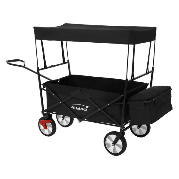 Hauki Bollerwagen L faltbar mit Dach, Schwarz, Handwagen klappbar, Transportwagen für Kinder, Gerätewagen inkl. 2x Netztaschen & 1x Außentasche, Vorderrad-Bremse, bis 80 kg, Transportkarre Kinderwagen