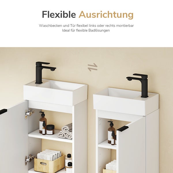 Waschplatz mit flexiblem Unterschrank zur links oder rechts montierbaren Waschbecken und Tür Ausrichtung.