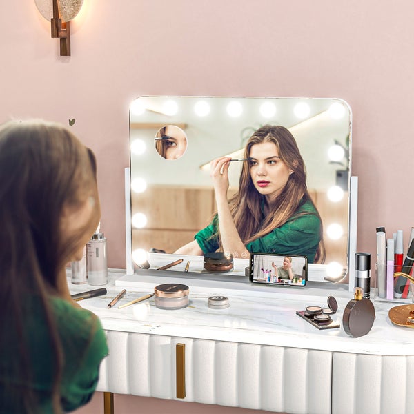 HOMCOM Hollywood Spiegel mit Beleuchtung 62,5x52 cm 360°Drehbar Schminkspiegel mit 15 LED Licht 3 Lichtfarben USB-Ladeanschluss Handyhalterung Touchschalter, Kosmetikspiegel 10X Vergrößerung Weiß