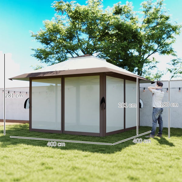 Outsunny Pavillon 4x4m Wasserdicht Höhenverstellbar Pop-up Faltpavillon mit Netzwänden UV 50+ Faltbar Partyzelt Gartenzelt mit Tragetasche Sandsäcke Gartenpavillon für Camping Garten Festival, Beige