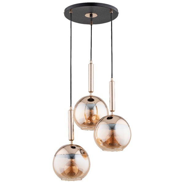 Dreiflammige Pendelleuchte mit runden Glaskugeln und Metallgehause zur Deckenmontage