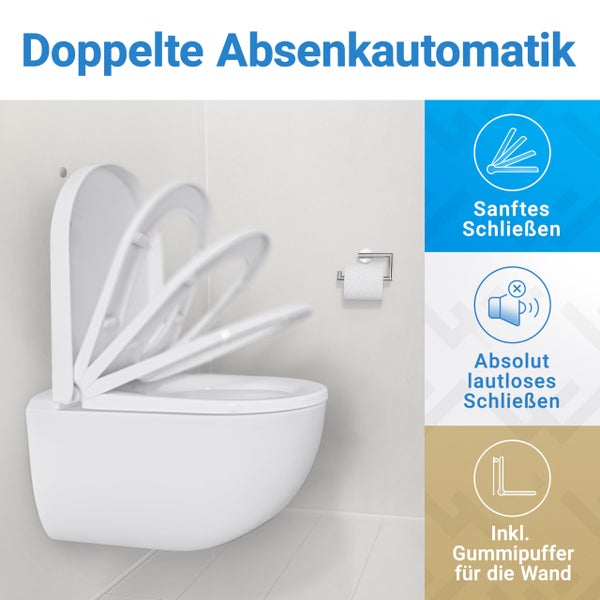 Wand-Toilette mit doppelter Absenkautomatik für sanftes und lautloses Schließen von Deckel und Sitz inklusive Wandschutzpuffer.