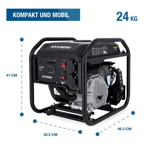 Hyundai Inverter Stromerzeuger HY3000i, Gewicht 24 Kilogramm, Maße 41 x 35,5 x 46,3 Zentimeter, kompakt und mobil.