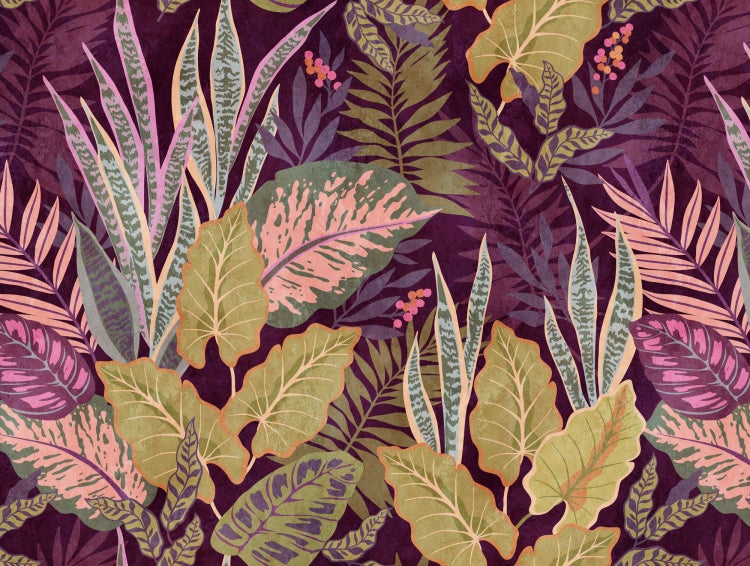 Illustration von tropischen Pflanzen auf dunklem Hintergrund.