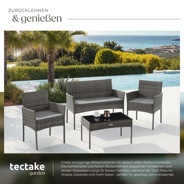 Rattan Gartenset tectake Palese Sofa 250 kg, je Sessel 120 kg für 4 Personen grau