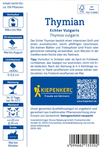 Saatguttüte für echten Thymian von Kiepenkerl mit Anbauanleitung und Hinweisen für Aussaat sowie Erntezeitraum.