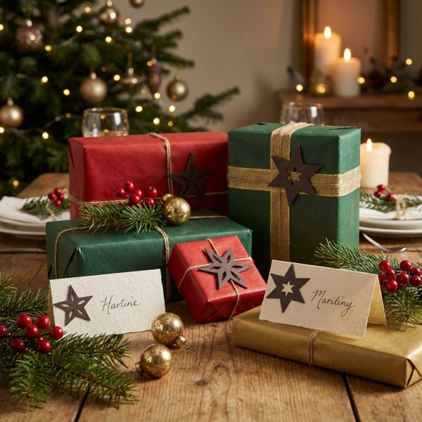 Festlich gedeckter Holztisch mit Weihnachtsgeschenken, Namenskärtchen und Tannenzweig-Dekorationen vor einem geschmückten Weihnachtsbaum.