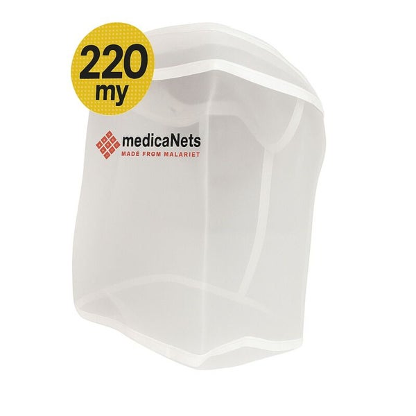 Ein weißes Kopfschutznetz von medicaNets mit einer Maschenweite von 220 Mikrometer zum Schutz vor Insekten.