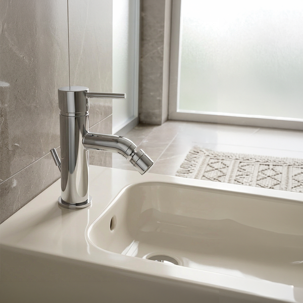 Verchromte Bidet-Armatur als Einhebelmischer auf einem hellen Bidet in einem modernen Badezimmer mit Natursteinfliesen.