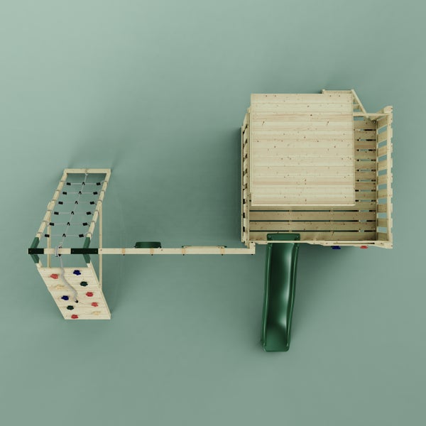 Draufsicht auf einen Kinderspielturm aus Holz mit Spielhaus, Rutsche, Kletterwand und Kletternetz.
