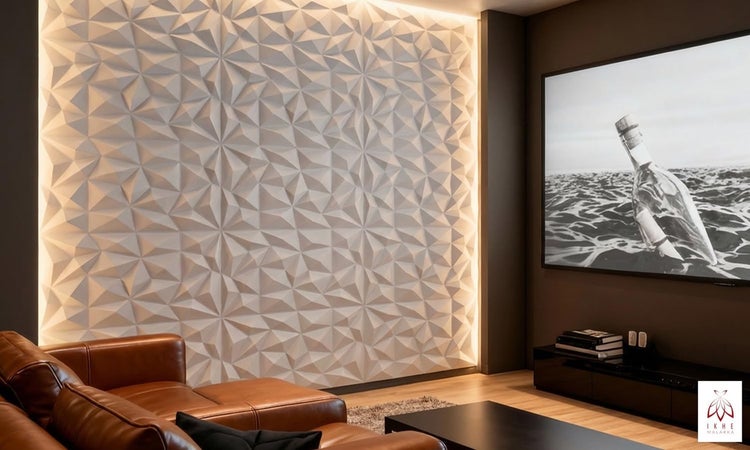 Wohnzimmer mit dekorativer 3D Wandverkleidung mit geometrischem Muster, indirekt beleuchtet, kombiniert mit braunem Ledersofa und Medienwand.