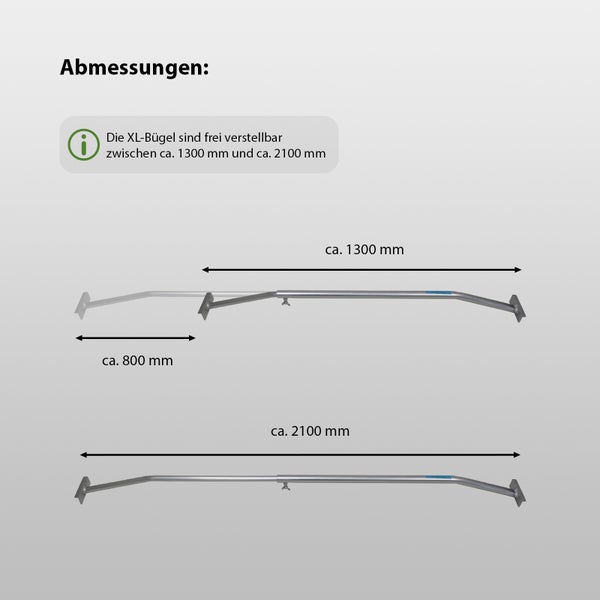 Maßzeichnung eines verstellbaren Metallbügels, ausziehbar von circa 1300 Millimeter bis 2100 Millimeter, mit verstellbarem Bereich von 800 Millimeter.