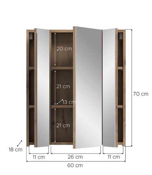 Dreitüriger Spiegelschrank aus Holz mit Abmessungen: Breite 60 Zentimeter, Höhe 70 Zentimeter, Tiefe 18 Zentimeter.