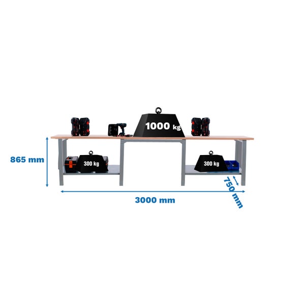 Werkbank BUFFALO WOOD | HxBxT 86,5x300x75cm | Traglast 1000kg | Grau