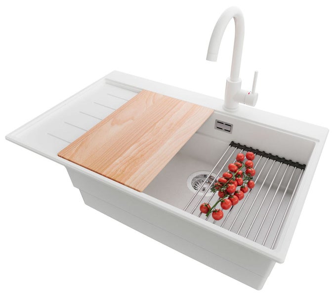 Küchenspüle mit Abtropffläche, Schneidebrett und Abtropfgitter
