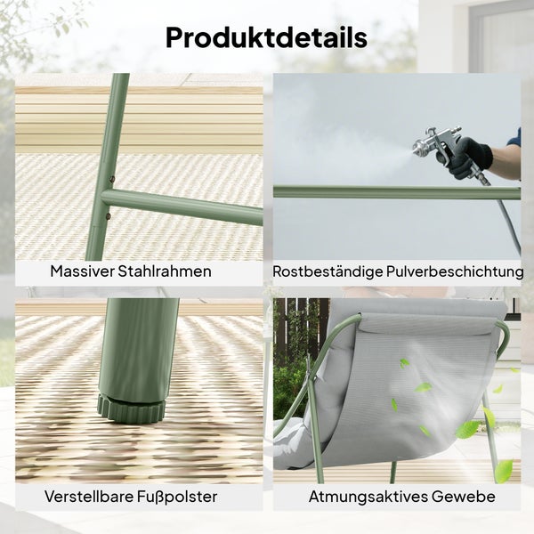 Zwei graue Loungesessel mit grünem Metallgestell und ein passender Beistelltisch auf einer Holzterrasse mit Teppich in einem hellen Garten.