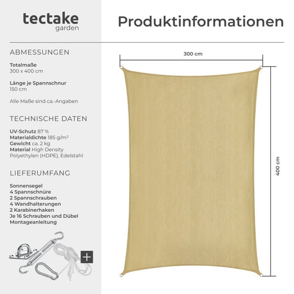 Tectake Sonnensegel mit Montagezubehör, 300 x 400 cm