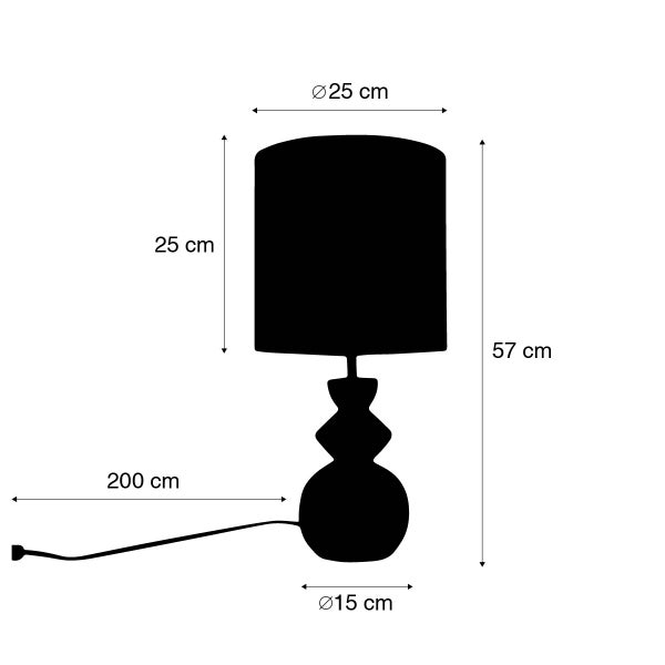 Dimensionsdiagramm einer Tischlampe mit Schirm, Durchmesser 25 cm, Höhe 57 cm und 200 cm Kabel.