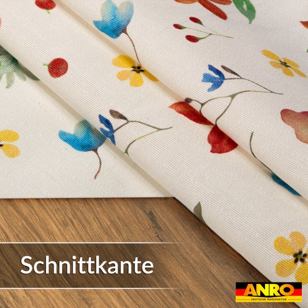 Stoff mit Blumenmuster und Schnittkante. ANRO Logo.