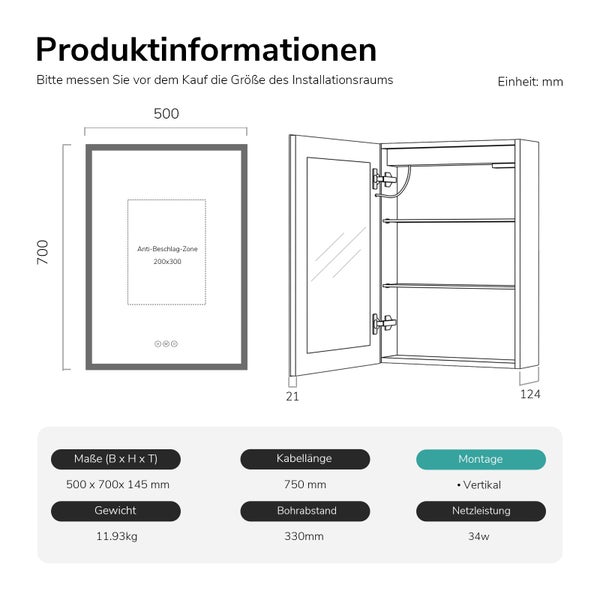 Technische Zeichnung eines Spiegelschranks mit Maßangaben 500 x 700 x 145 Millimeter und einer Antibeschlagzone von 200 x 300 Millimetern.