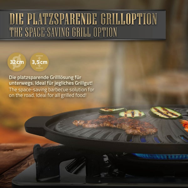 BBQ#BOSS Grillplatte aus Gusseisen, Ø 32 cm, Runde Gusspfanne, Gerippte Bratpfanne mit zwei Griffen, Plancha für BBQ, Gasgrill, Kohlegrill & Elektrogrill, Grillpfanne Gussplatte Gusseisenpfanne