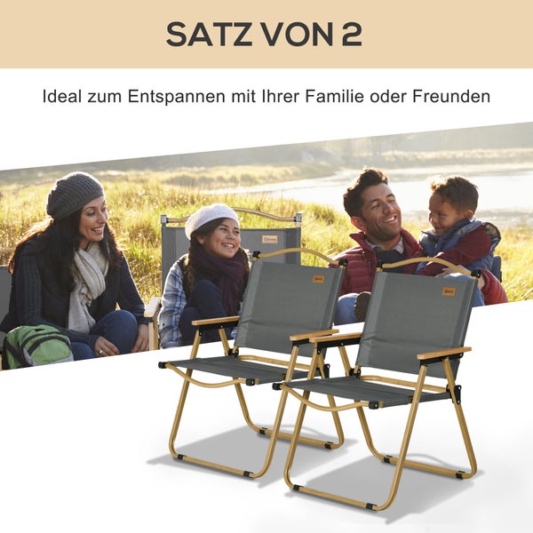 Outsunny Campingstuhl 2er Set faltbarer Gartenstuhl mit Stahlrahmen, Holzoptik, Klappsessel für Pool, Strand, Oxford, Dunkelgrau
