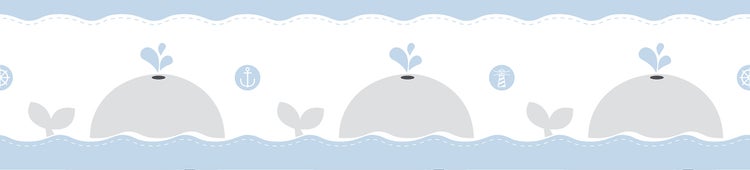 Illustration einer Bordüre mit Walen, Ankern, Leuchttürmen und Steuerrädern