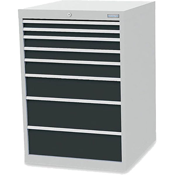 Metall-Schubladenschrank mit acht Schubladen, abschließbar, Werkstattschrank für Werkzeug und Material.
