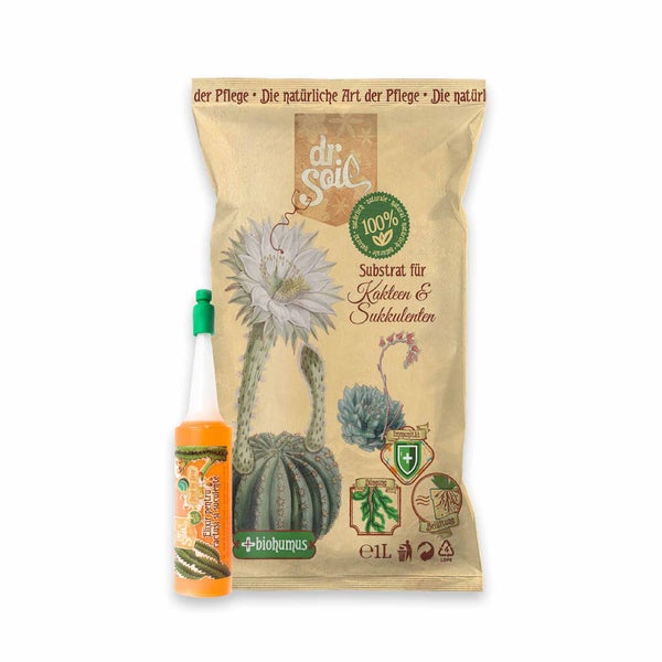Dr.Soil Pflanzenpflegepaket für die Pflege von Kakteen und Sukkulenten mit natürlichem Substrat für Kakteen und Sukkulenten und Bewässerungszusatz für Kakteen in Fläschchenform