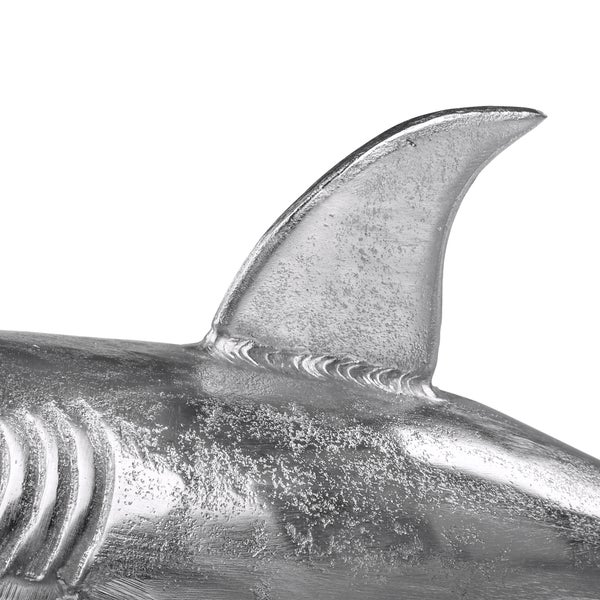 WOMO-DESIGN Hai-Skulptur mit standfuß 106x36x61 cm Unikat, aus poliertes Aluminium mit Nickel Finish, Silber Glänzend, Maritimes Design, Haifisch Statue Dekofigur Fisch Tierfiguren Wohndekoration