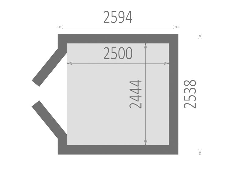 Grundrisszeichnung mit Außenmaßen 2594 mal 2538 Millimeter.