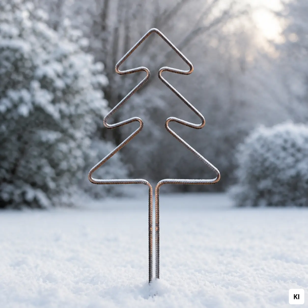 Gartenstecker in der Form eines Tannenbaums aus geripptem Baustahl in einer hellen, verschneiten Gartenlandschaft.