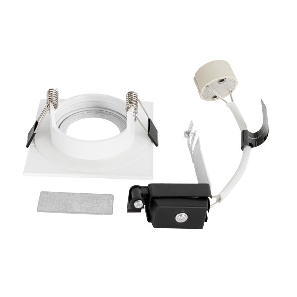 Quadratischer Einbaurahmen für Strahler mit Montagefedern, GU10-Fassung und Anschlussbox.