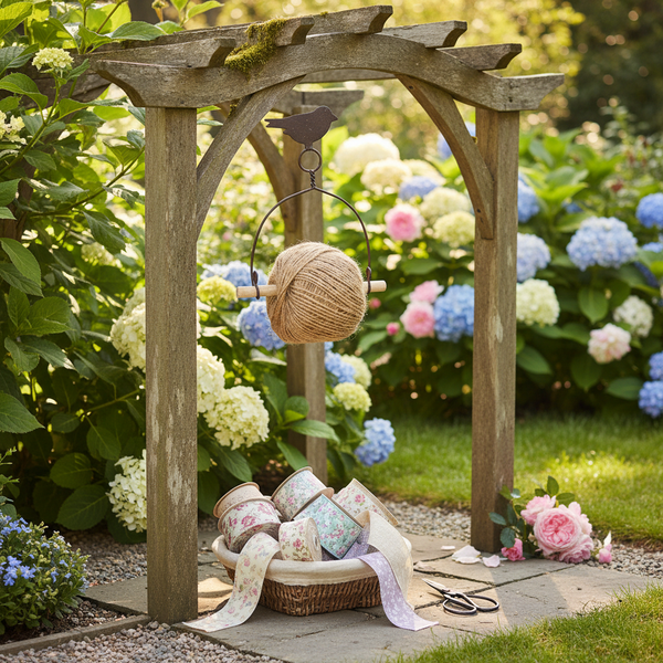Organisierte Gartenszene mit Juteschnur an Vogelhalterung unter einem Holzbogen, Korb mit Stoffbändern, Gartenschere und Hortensien im Hintergrund.