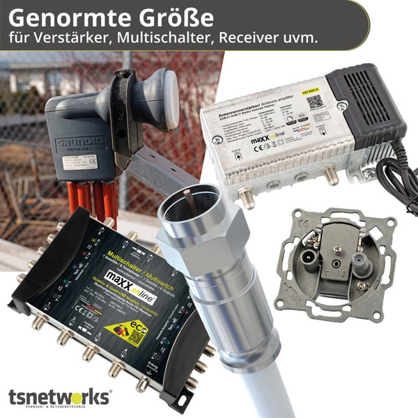 Abbildung verschiedener Geräte der Satellitenempfangstechnik, darunter LNB, Antennenverstärker, Multischalter und Anschlussdose