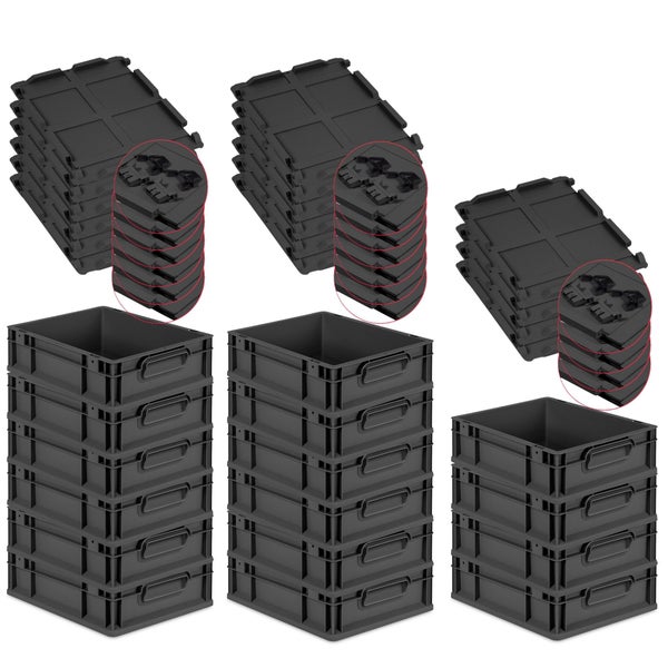 PROREGAL SuperSparSet 16x Eurobox NextGen Grip mit Scharnierdeckel und schwarzen Schiebeschnappverschlüssen, HxBxT 12x30x40cm, 11 Liter, Schwarz, Griffe geschlossen, Eurobehälter, Transportbox, Transportbehälter, Stapelbehälter