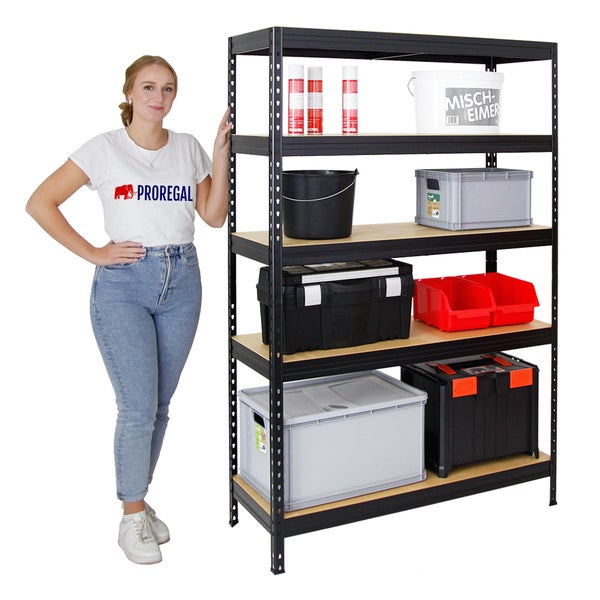 PROREGAL Schwerlastregal Rivet HxBxT 180 x 120 x 45 cm Fachlast 250 kg Innovatives Stecksystem Schwarz
