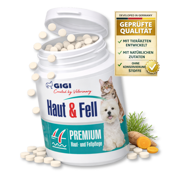 GIGI Haut und Fell Premium Tabletten für Hunde und Katzen zur Hautpflege und Fellpflege, mit natürlichen Inhaltsstoffen, ohne Konservierungsstoffe.