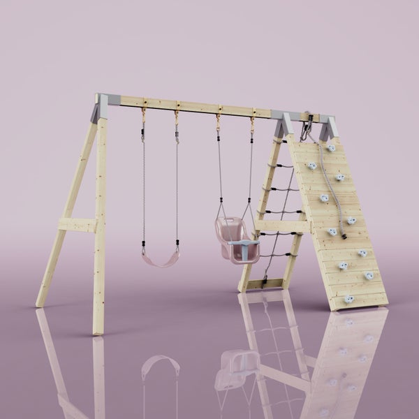 Schaukelgestell aus Holz mit einer Brettschaukel, einer Babyschaukel, einer Kletterwand und einem Kletternetz.