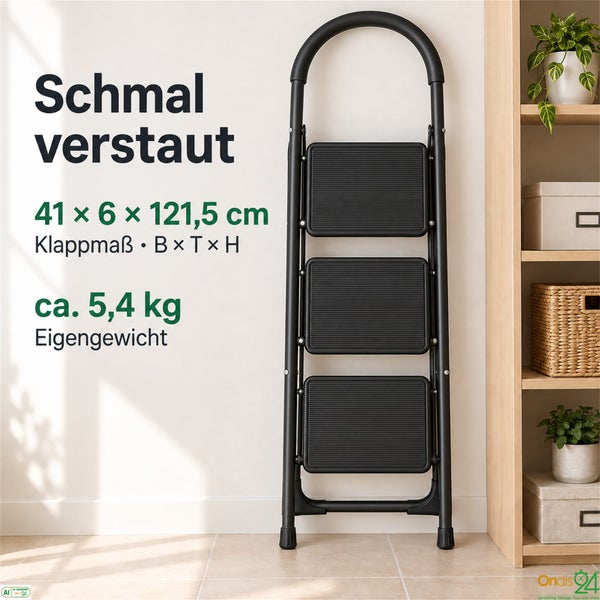 Zusammengeklappte 3 Stufen Trittleiter aus Metall mit Maßangaben 41 mal 6 mal 121,5 Zentimeter und einem Gewicht von etwa 5,4 Kilogramm.
