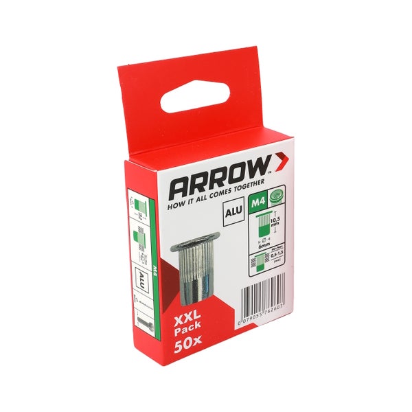 Arrow Blindnietmuttern aus Aluminium, M4 mal 10,5 Millimeter, XXL Packung mit 50 Stück.